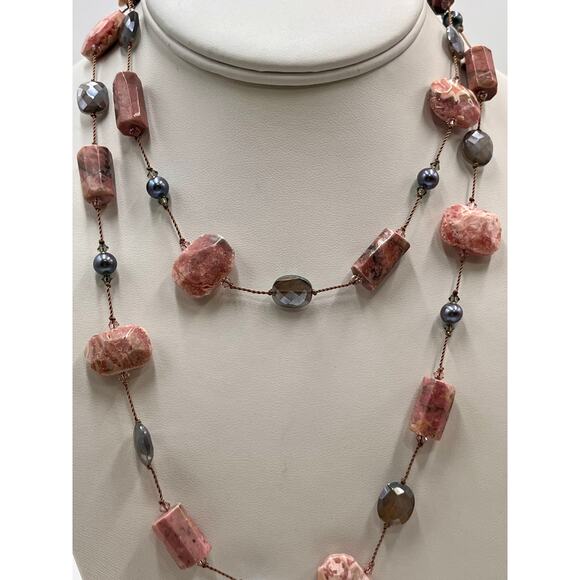 Margo Morrison Rhodochrosite Grey Coated Moonstone and Pearl Crystal Necklace - Picture 3 of 14